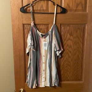 torrid Striped Cold-Shoulder Button-Front Top in Gray, Cream & Pink